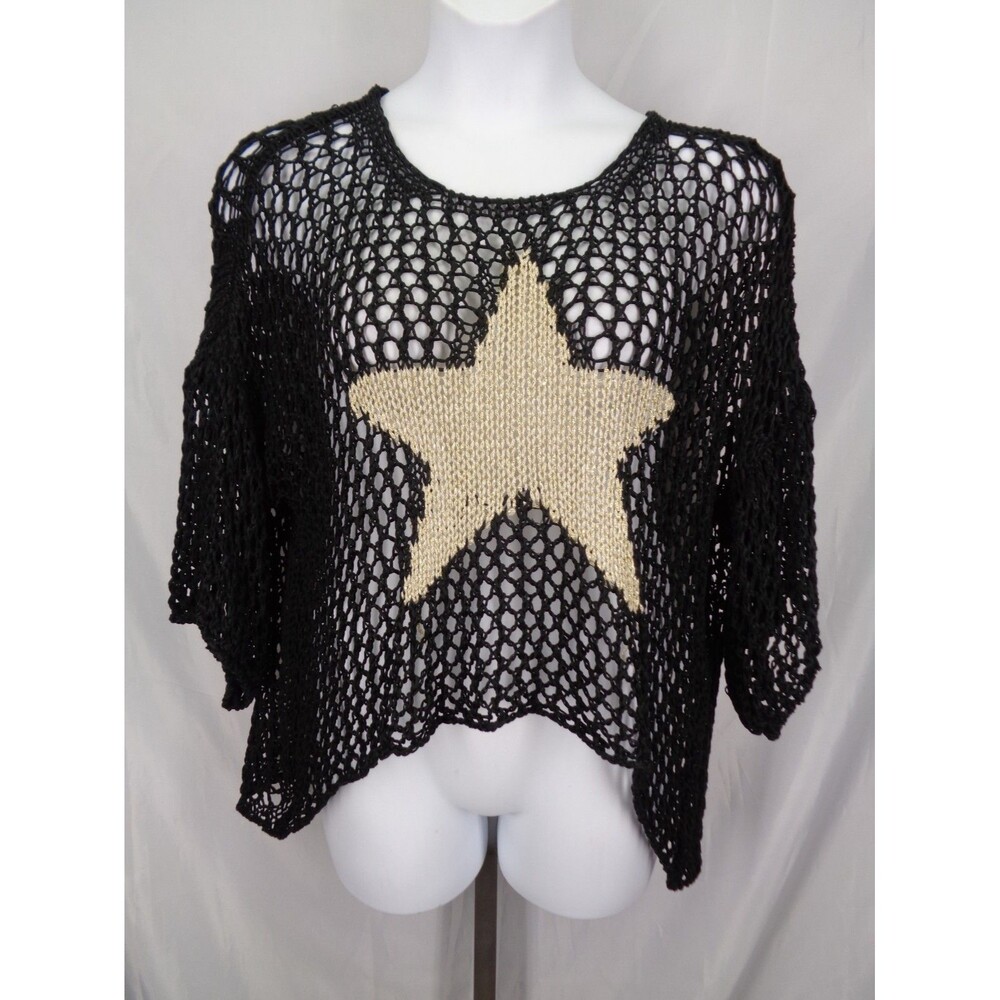 Tina Stephens Star Open Knit Black Kelsey Sweater One Size New